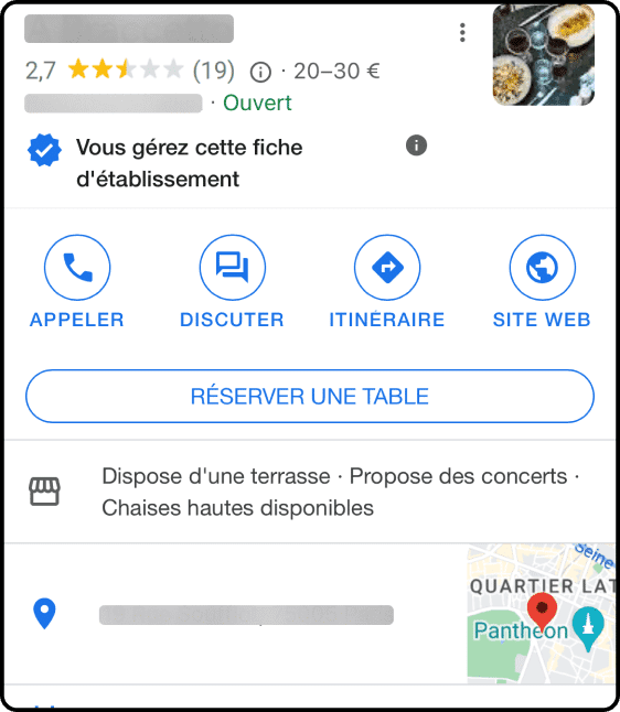 Fiche d'établissement Google avec une faible note sur Maps.